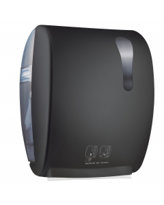 Dispenser in ABS  ad erogazione con rilevatore di prossimità e trascinamento elettronico.  
Capacità max bobina asciugamani: H220mm -Ømax 200mm. 
Meccanismo regolabile: lunghezza di strappo, ritardo tra un'erogazione e l'altra e range del sensore. 
Come f