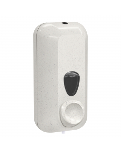 Dispenser sapone liquido capacità 0,55 L con vaschetta interna a riempimento realizzato in plastica riciclata e scarti del legno. Evita l'uso di cartucce di ricarica. Dimensioni: 228 x 90 x 102mm. Erogazione a pulsante. Made in Italy. Compatibile con qual