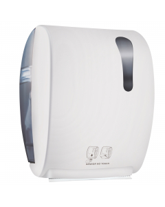Dispenser in ABS  ad erogazione con rilevatore di prossimità e trascinamento elettronico (funziona con 4 pile D). Capacità max bobina asciugamani: H220mm -Ømax 200mm. Meccanismo regolabile: lunghezza di strappo, ritardo tra un'erogazione e l'altra e range