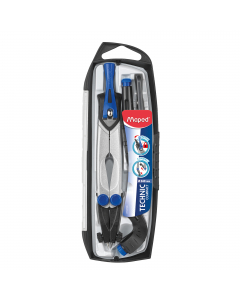 Compasso composto da 5 pezzi: 1 compasso mina, 1 adattatore universale, 1 portamine da 0.5mm, 1 temperamine, 1 astuccio mine. Brevetto StopSystem con bloccaggio delle aste. Aste pieghevoli per riporlo in modo compatto e sicuro. Diametro massimo 360mm. Lun