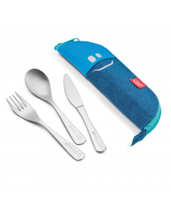 Astuccio in tessuto con posate in acciaio inox 430 dimensione bambini (forchetta, coltello, cucchiaio).