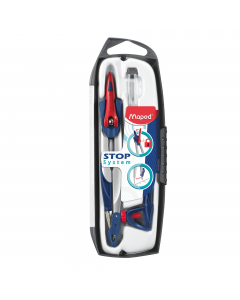 SET DA 3 PEZZI (1 COMPASSO STOP SYSTEM, 1 ADATTATORE UNIVERSALE, 1 ASTUCCIO MINE). PARTICOLARITA' DEL COMPASSO E' LA LEVA BREVETTATA PER IL BLOCCO DELLE ASTE.