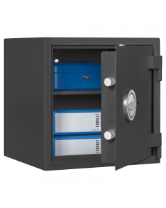 ARMADI DI SICUREZZA - Certificati EN 14450 Grado S1. importo minimo assicurabile: Denaro Euro 2.500 – Beni e Valori Euro 5.000. Chiusura a chiave a doppia mappa con due chiavi in dotazione. Maniglia colore argento, sporgenza 12 mm. Apertura porta a 180° m