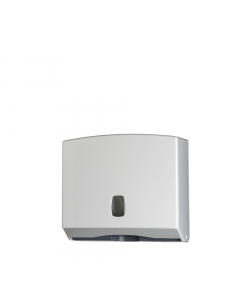Struttura in ABS con base grigia e cover bianca. Adatto per asciugamani piegati a C, Z o M. Finestra per il controllo del livello della carta e serratura in plastica. Dimensioni: L25xP10xH22cm. Capacità 200 fogli. Viteria inclusa. Pulizia periodica da eff