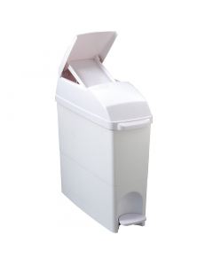 Contenitore igienico per toilette con struttura in polipropilene. Apertura a "bocca di lupo" con pedale. Coperchio blocca sacco. Dimensioni: L 15 x P42 x H47cm - Capacità 18 Litri. Pulizia periodica da effettuare con un panno morbido e non abrasivo, imbev