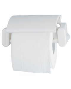 Portarotolo in ABS bianco. Adatto per rotoli di carta igienica standard. Mandrino di supporto in plastica. Dimensione H17xP11,7xL7cm. Pulizia periodica da effettuare con un panno morbido e non abrasivo, imbevuto d’acqua. Detergenti che contengono solventi