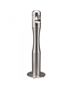 Posacenere da terra in acciaio inox satinato. Dotato di secchio interno in acciaio inox con maniglia (4 litri) e serratura con chiave per anti-vandalismo. Piedini d’appoggio in plastica con possibilità di fissaggio della base al suolo. Dimensioni: H 108cm