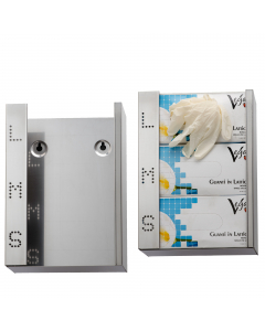 Distributore da parete per guanti monouso in acciaio inox AISI 304 brillante. Contiene fino a 3 scatole di guanti. Dimensioni massime di ogni scatola: 24×6,5×11cm. Viteria non inclusa. Dimensioni: L24,5 × P7,3 × H35cm. Effettuare una periodica manutenzion