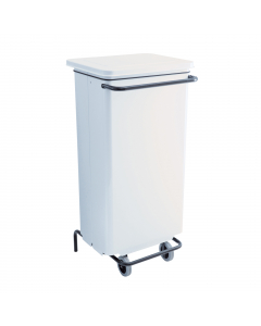 Contenitori mobili a pedale con struttura e coperchio in metallo verniciato bianco con polvere epossidica. Frontale asportabile per facilitare il ricambio del sacco. Ampio pedale per utilizzo conforme a HACCP. Ruote in gomma Ø 95mm. L48 x P42 x H96,5cm. S