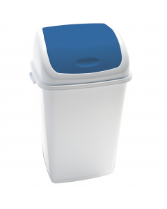 Pattumiera con coperchio basculante colore blu in polipropilene ad alta densità. Il coperchio basculante è utile come fermasacco. Contenitore stabile e di facile manutenzione. Il coperchio colorato è ideale per differenziare la raccolta. Dimensioni: L44 x