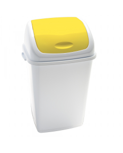 Pattumiera con coperchio basculante colore giallo in polipropilene ad alta densità. Il coperchio basculante è utile come fermasacco. Contenitore stabile e di facile manutenzione. Il coperchio colorato è ideale per differenziare la raccolta. Dimensioni: L4