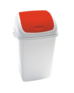 Pattumiera con coperchio basculante colore rosso in polipropilene ad alta densità. Il coperchio basculante è utile come fermasacco. Contenitore stabile e di facile manutenzione. Il coperchio colorato è ideale per differenziare la raccolta. Dimensioni: L44