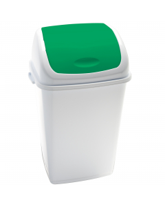 Pattumiera con coperchio basculante colore verde in polipropilene ad alta densità. Il coperchio basculante è utile come fermasacco. Contenitore stabile e di facile manutenzione. Il coperchio colorato è ideale per differenziare la raccolta. Dimensioni: L44