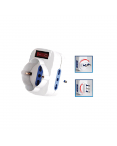 Adattatore di rete rotante con interruttore. Spina da 16 A. 2 prese bipasso 2P+T 10/16 A. 1 presa Schuko/bipasso 10/16 A.
