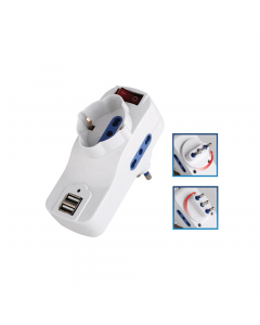 Adattatore di rete rotante con interruttore. Spina da 16 A. 2 porte USB (5 Vcc, 500 mA). 2 prese bipasso 2P+T 10/16 A. 1 presa Schuko/bipasso 10/16 A. Portata massima 1500 W.