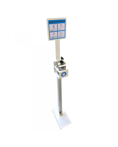 Piantana in metallo verniciato bianco con supporto per dispenser da da 500ml. Altezza: 1250mm. Dimensioni supporto dispenser: 110x170mm - per dispenser diametro massimo 80mm.  Base piantana dim. 30x15,5 cm 
Fornito in confezione singola completa di:

- ad