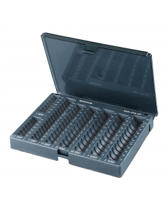 Vaschetta portamonete in polistirolo antiurto con coperchio trasparente amovibile. Colore grigio scuro. Dimensioni: 23,5x18,5x3,5cm
