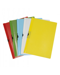 Cartellina con molla in acciaio realizzata in PVC. Copertina trasparente, dorso e fondo colorato. Dorso 7mm. Formato 22x31cm