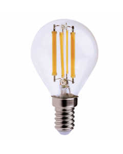 Lampada LED Classe tipo F luce bianca fredda (6000K). Potenza 6W. Potenza equivalente 12w. Risparmio energetico 90%. Tensione di lavoro 220-240v. Attacco E14. Cri >80. Lumen 806. Angolo di illuminazione >360¦. Misure d.45 x h. 80mm