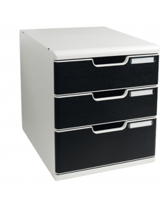 Modulo a 3 cassetti (2 da 8,2cm + 1 da 11cm) formato L 28,8x H 32x P 35cm. sistema di archiviazione elegante e funzionale per l'archiviazione dei documenti formato a4+. I vari moduli a4 e a3 sono sovrapponibili ad incastro. Ogni modulo puo' variare come n