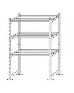 SCAFFALE IN ACCIAIO CON PORTATA MASSIMA DI 300KG PER RIPIANO. SI MONTANO AD INCASTRO CON PIEDI PERFORATI PER FISSAGGIO A PAVIMENTO. SCAFFALI IN ACCIAIO 15/10. VERNICIATURA EPOSSODICA. KIT FORMATO DAI SOSTEGNI PER 3 RIPIANI. I RIPIANI DEL KIT INIZIALE SONO