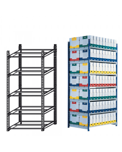 Scaffale regolabile ad alta capacità con sistema di montaggio a incastro, senza alcun attrezzo. Scaffali in acciaio 12,5/10 e verniciatura epossidica. Portata massima 180 Kg per ripiano. Altezza 2 metri, larghezza 1 metro, profondita 68cm. Il modulo base 