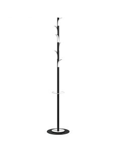 Con 6 ganci bianchi in polipropilene, fusto nero dal diametro di 30 mm e base di 35 cm. Fusto, portaombrelli, raccogli gocce e base sono in acciaio verniciato a polveri epossidiche. Facile e veloce da assemblare. Il portaombrelli può contenere fino a 6 om