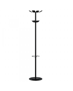 Appendiabiti a stelo a 8 appendini, realizzato in acciaio di alta resistenza grazie alla verniciatura epossidica. Altezza 175cm con base in acciaio con Ø di 350 mm garantisce una perfetta stabilità. Incl. portaombrelli per un massimo di 6 ombrelli e vasch