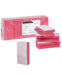 Spugne con doppio strato: strato bianco abrasivo antigraffio in poliuretano da un lato e assorbente e delicato dall'altro in poliestere colorato rosso. In confezione da 10 spugne DIMENSIONI: cm 15x7x4,5cm.