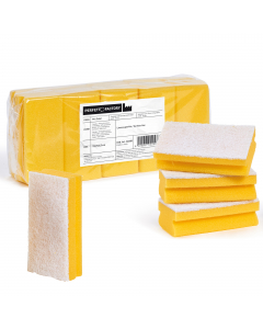 Spugne con doppio strato: strato bianco abrasivo antigraffio in poliuretano da un lato e assorbente e delicato dall'altro in poliestere colorato giallo. In confezione da 10 spugne DIMENSIONI: cm 15x7x4,5cm.