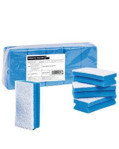 Spugne con doppio strato: strato bianco abrasivo antigraffio in poliuretano da un lato e assorbente e delicato dall'altro in poliestere colorato azzurro. In confezione da 10 spugne DIMENSIONI: cm 15x7x4,5cm.