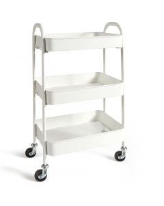 Carrellino in metallo verniciato bianco con 4 ruote girevoli e 3 ripiani. Ideali in cucina, bagno, lavanderia ecc. Si assembla velocemente senza bisogno di attrezzi. Dimensioni: L43 x P30 x H80cm.