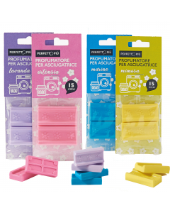 Profumatore in tavolette per asciugatrice in quattro intense profumazioni assortite: Lavanda, Marine, Mimosa e Ortensia! Elimina il cattivo odore, non macchia, non unge e non rovina i tessuti. Inserisci la tavoletta direttamente nel cestello dell'asciugat