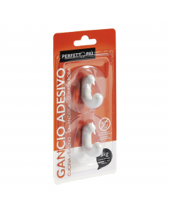 Confezione da 2 ganci adesivi, modello G.  Installazione senza perforazione. Portata massima 3 kg.