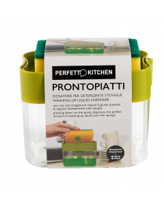 Dispenser sapone stoviglie con spugna abrasiva. Dimensioni: 14x9xH12cm.