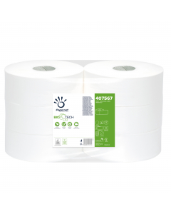 In pura cellulosa 2 veli microgoffrata. Adatta a distributori maxijumbo. °27cm h9,5cm - 811 strappi da 37x9,5cm. Prodotta con l'esclusiva tecnologia batp (biologic active tissue paper).