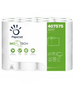 Il rotolo di carta igienica con tecnologia Biotech è perfetto in tutti i contesti in cui si vuole offrire massima cura; le dimensioni compatte lo rendono inoltre compatibile con i porta rotoli più comuni. Papernet crea una gamma di prodotti in grado di co