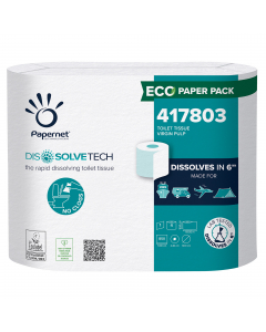 Dissolve Tech – linea di prodotti realizzati con una speciale resistenza temporanea al bagnato; una soluzione tecnologica che garantisce eccellenti prestazioni del tessuto durante l'uso e che si dissolve rapidamente a contatto con l'acqua.
Carta igienica 