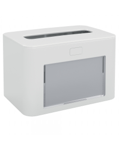 Dispenser per tovaglioli interfogliati realizzato in plastica antibatterica con coperchio leggermente inclinato per favorire lo scivolamento verso l'esterno dei liquidi che accidentalmente potrebbero cadere sul dispenser. Totalmente ermetico protegge i to