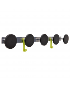 Appendiabiti in acciaio e abs con 5 supporti tondi (90mm di diametro). Viti per in fissaggio comprese. Dimensioni 77x9cm.