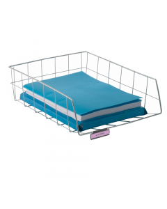 Vaschette portacorrispondenza alta capacità realizzate in robusta struttura in filo di metallo cromato e portaetichette in plastica per la personalizzazione del contenuto. Adatta a contenere documenti fino al formato 24x32cm. Dimensioni: 29x37cm - h 11cm.