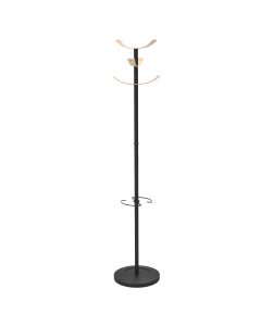 Appendiabiti di design in acciaio nero e legno con base appesantita raccogli gocce. Dotato di 6 supporti abito piatti in legno chiaro e portaombrelli. Dimensioni: base Ø35,5 - altezza 175cm. Tubo : Ø 38mm.