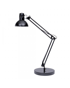 Realizzata in acciaio verniciato, fornita sia di base che di morsetto per la massima versatilità. Testa Ø 16,5cm, braccia 39cm+ 42cm. Base Ø 20cm. Attacco universale E27 compatibile con lampadine  FLUO o LED (non fornite). Classe energetica: dipende dalla