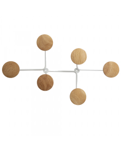 Appendiabiti dal design retrò con un tocco contemporaneo. In metallo verniciato di colore bianco. Grande capacità con 6 pomelli in legno da 9cm. Capacità: 5kg per pomello.
