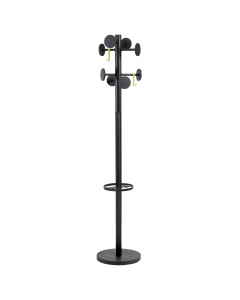 Appendiabiti dalla struttura in metallo e abs con base appesantita. Dotato di 8 supporti abito, 2 ganci per accessori e portaombrelli con vaschetta raccogligoccia. Dimensione: °37x175cm. tubo °38mm