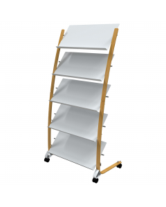Il moderno ed elegante espositore su rotelle DD5PMW è la soluzione ideale per esporre con stile riviste o brochure nella vostra area di ricevimento. Con i suoi 5 scomparti 24x32 cm (A4), ciascuno profondo 4 cm, vi consentirà di esporre un'ampia gamma di f