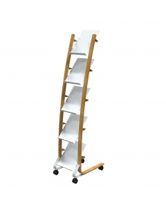 Il moderno ed elegante espositore su rotelle DD5PMW è la soluzione ideale per esporre con stile riviste o brochure nella vostra area di ricevimento. Con i suoi 5 scomparti 24x32 cm (A4), ciascuno profondo 4 cm, vi consentirà di esporre un'ampia gamma di f