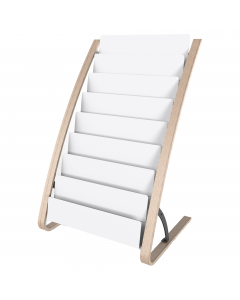 Portariviste da terra di design scandinavo. Elegante ed essenziale struttura realizzata in metallo e legno dotata di ampi scomparti dim. 24x32cm in ABS colore bianco. Incluso kit fissaggio per una facile montatura.