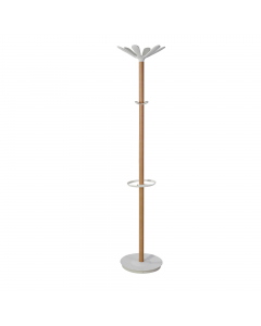 Appendiabiti elegante in legno chiaro e ABS con base appesantita raccogli gocce. Dotato di 6 supporti abito in ABS + 4 mini supporti per gli accessori e portaombrelli. Dimensioni: base Ø35 - altezza 175cm. Tubo : Ø 38mm.