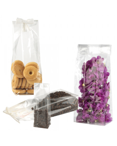 Buste trasparenti in cellophan crystal per alimenti con soffietto o con fondo quadro.
Dimensioni: 12x37+7cm.